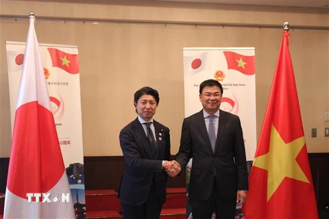 Đại sứ Phạm Quang Hiệu và Hạ nghị sỹ Yoichiro Aoyagi trong họp báo giới thiệu về Lễ hội Việt Nam tại Nhật Bản. (Ảnh: Phạm Tuân/TTXVN)