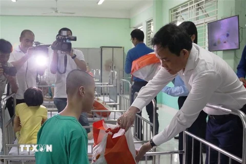 Phó Thủ tướng Chính phủ Trần Lưu Quang trao quà cho các em thiếu nhi tại trung tâm. (Ảnh: Thu Hương/TTXVN)