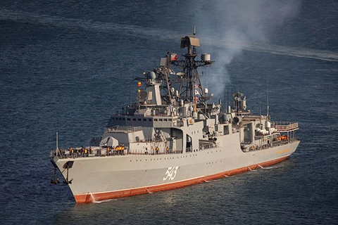 Tàu khu trục nhỏ Marshal Shaposhnikov rời Vladivostok để tập trận chống tàu ngầm. (Nguồn: Bộ Quốc phòng Nga)