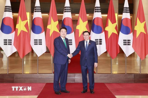 Chủ tịch Quốc hội Vương Đình Huệ tiếp Tổng thống Hàn Quốc Yoon Suk Yeol. (Ảnh: Doãn Tấn/TTXVN)
