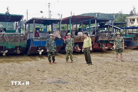 Lực lượng chức năng trên đảo Cô Tô kêu gọi người dân đưa tàu thuyền vào nơi trú ẩn an toàn. (Ảnh: Trung Nguyên/TTXVN)