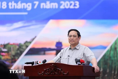 Thủ tướng Phạm Minh Chính chủ trì Hội nghị Hội đồng điều phối vùng Đông Nam Bộ ngày 18/7. (Ảnh: Dương Giang/TTXVN)