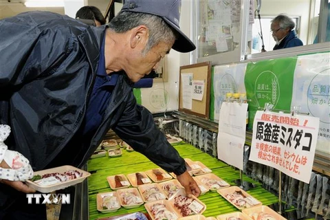 Hải sản được bày bán tại siêu thị ở Soma, tỉnh Fukushima, Nhật Bản. (Ảnh: Kyodo/TTXVN)