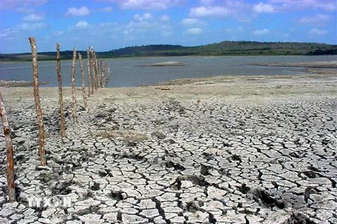 Lòng hồ chứa khô nứt nẻ do hạn hán kéo dài tại tỉnh Camaguey, Cuba. (Ảnh: AFP/TTXVN)