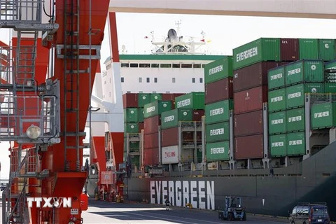 Container hàng hóa được xếp tại cảng ở Tokyo, Nhật Bản. (Ảnh: Kyodo/TTXVN)