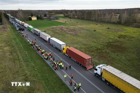 Xe tải xếp hàng dài tại cửa khẩu biên giới Ba Lan-Ukraine ở Dorohusk, Ba Lan, ngày 10/11/2023. (Ảnh: AFP/TTXVN)