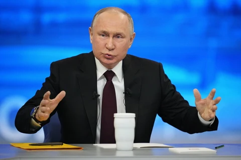 Tổng thống Nga Vladimir Putin trong cuộc họp báo cuối năm tại Moskva, ngày 14/12/2023. (Ảnh: AFP/TTXVN)