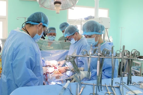 Êkip bác sỹ Bệnh viện Trung ương Huế (phải) chỉ đạo thực hiện ca ghép tạng “xuyên Việt” từ người cho chết não tại Bệnh viện Việt Nam-Thuỵ Điển ở Uông Bí, Quảng Ninh. (Ảnh: TTXVN phát)