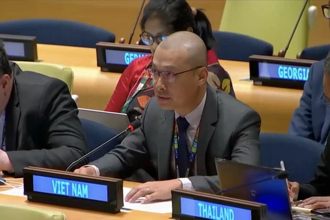 Công sứ Nguyễn Hoàng Nguyên, Phó Trưởng Phái đoàn Thường trực Việt Nam tại Liên hợp quốc phát biểu tại phiên họp. (Ảnh: TTXVN phát)