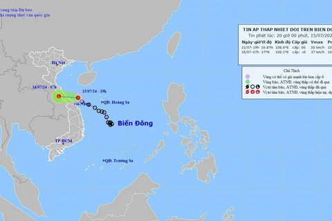 Hướng di chuyển của vùng áp thấp. (Ảnh: TTXVN phát)