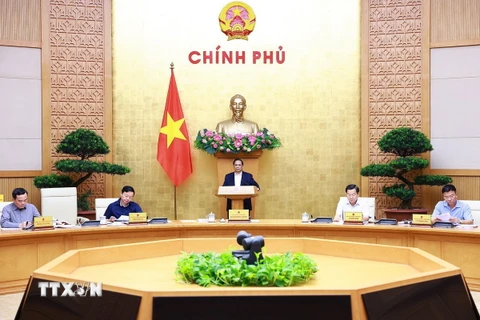 Thủ tướng Phạm Minh Chính chủ trì Phiên họp Chính phủ chuyên đề xây dựng pháp luật tháng 7 năm 2024. (Ảnh: Dương Giang/TTXVN)