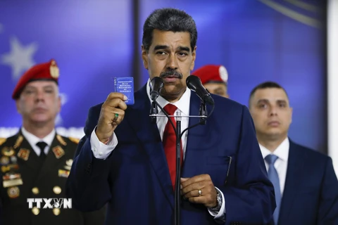 Tổng thống Venezuela Nicolas Maduro trong cuộc họp báo tại Tòa án Công lý Tối cao ở Caracas ngày 2/8/2024. (Ảnh: AA/TTXVN)