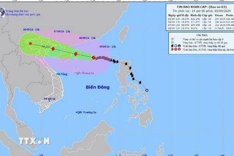 Đường đi của Bão số 3 lúc 13 giờ ngày 5/9/2024. (Ảnh: TTXVN phát)