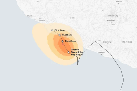 Bão John đổ bộ lần 1 vào Mexico ngày 7/9. (Nguồn: Mapbox)