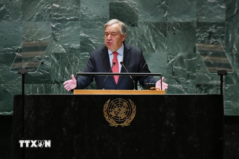 Tổng thư ký LHQ Antonio Guterres phát biểu trước Đại hội đồng LHQ ở New York, Mỹ ngày 24/9/2024. (Ảnh: THX/TTXVN)