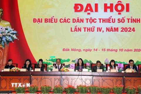 Đoàn Chủ tịch Đại hội Đại biểu các dân tộc thiểu số tỉnh Đắk Nông lần thứ IV, năm 2024. (Ảnh: Hưng Thịnh/TTXVN)