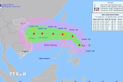 Đường đi của bão TRAMI chiều 22/10/2024. (Ảnh: TTXVN phát)