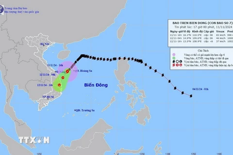 Đường đi của bão số 7, lúc 16h ngày 11/11/2024. (Ảnh: TTXVN phát)