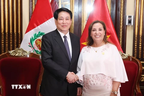 Tổng thống Peru Dina Ercilia Boluarte Zegarra chủ trì lễ đón Chủ tịch nước Lương Cường thăm chính thức Peru. (Ảnh: Lâm Khánh/TTXVN)