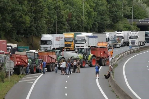 Nông dân Pháp chặn đường cao tốc để biểu tình tình phản đối việc giá các mặt hàng nông sản sụt giảm mạnh. (Ảnh: AFP)
