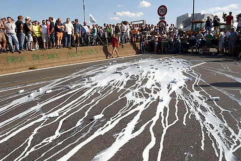 Nông dân Pháp đổ sữa xuống đường ở Lyon. (Nguồn: AFP)