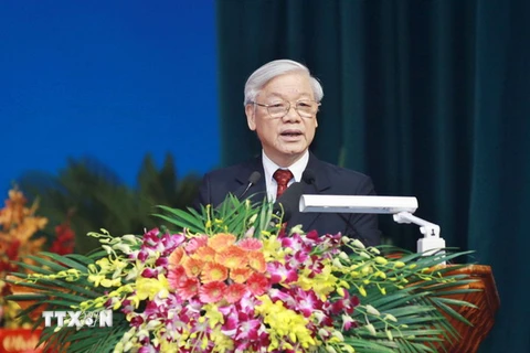 Tổng Bí thư Nguyễn Phú Trọng phát biểu tại Đại hội. (Ảnh: Minh Quyết/TTXVN) 