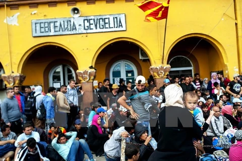 Một nhóm người di cư đợi cảnh sát Macedonia cho phép lên tàu hỏa tại nhà ga ở Gevgelija, Macedonia ngày 21/8. (Ảnh: AFP/TTXVN)