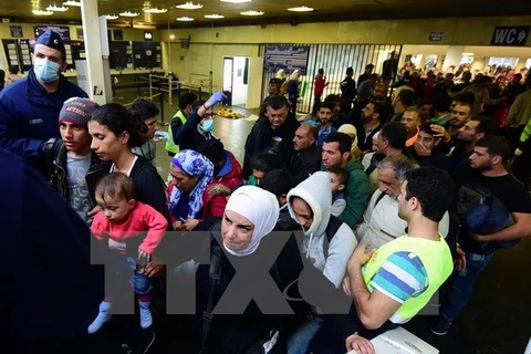 Người di cư chờ đợi các chuyến tàu để tới Áo và Đức tại nhà ga Eastern Keleti ở Budapest, Hungary. (Nguồn: AFP/TTXVN