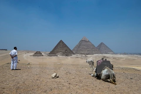 Cảnh sát Ai Cập tuần tra tại khu vực gần Kim tự tháp Giza. (Nguồn: THX/TTXVN)