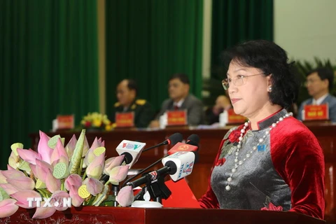 Bà Nguyễn Thị Kim Ngân, Ủy viên Bộ Chính trị, Phó Chủ tịch Quốc hội phát biểu tại Đại hội. (Ảnh: Văn Trí/TTXVN) 
