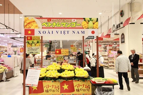 Gian hàng bán xoài Việt Nam tại trung tâm thương mại Aeon. (Ảnh: Nguyễn Tuyến/Vietnam+)