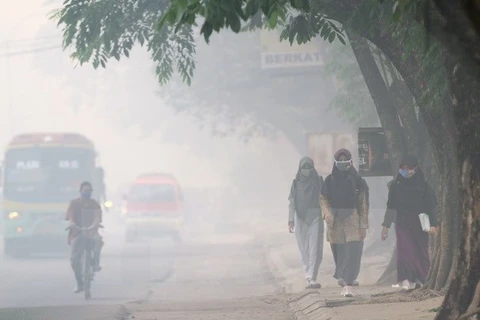 Khói mù do cháy rừng bao phủ Palembang, tỉnh Nam Sumatra, Indonesia. (Nguồn: AFP/TTXVN)