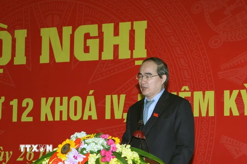 Chủ tịch Uỷ ban Trung ương Mặt trận Tổ quốc Việt Nam Nguyễn Thiện Nhân phát biểu tại hội nghị. (Ảnh: Nguyễn Dân/TTXVN) 