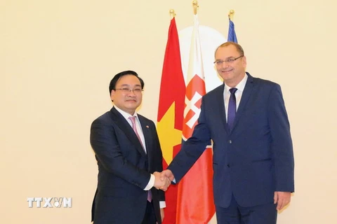 Phó Thủ tướng Slovakia Lubomir Vazny tiếp Phó Thủ tướng Hoàng Trung Hải. (Ảnh: Hồng Tâm/TTXVN) 