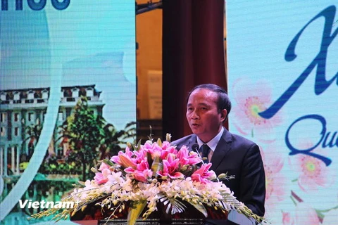 Ông Nguyễn Văn Trì, Chủ tịch Ủy ban Nhân dân tỉnh Vĩnh Phúc phát biểu tại buổi gặp mặt. (Ảnh: Nguyễn Trọng Lịch/TTXVN) 