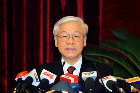 Tổng Bí thư Nguyễn Phú Trọng phát biểu bế mạc Hội nghị. (Ảnh: Thống Nhất-TTXVN)