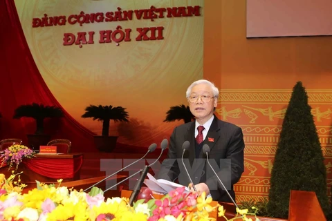 Tổng Bí thư Ban Chấp hành Trung ương Đảng khóa XII Nguyễn Phú Trọng đọc Diễn văn Bế mạc Đại hội. (Nguồn: TTXVN)