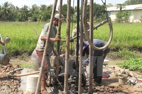 Các hộ nông dân khoan giếng tại ruộng lấy nước ngầm. (Ảnh: Trung Hiếu/TTXVN)