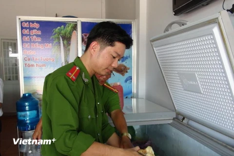 Lực lượng chức năng kiểm tra phát hiện cơ sở Tuyết Ánh chứa thực phẩm bẩn. (Ảnh: Tất Thành/Vietnam+) 