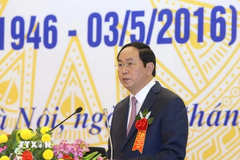 Chủ tịch nước Trần Đại Quang phát biểu tại buổi lễ. (Ảnh: Nhan Sáng/TTXVN)