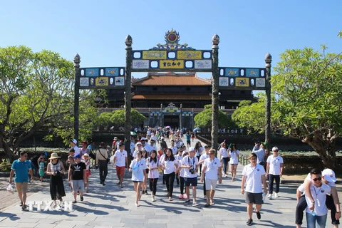  Đoàn đại biểu thanh niên và sinh viên kiều bào tham quan Đại Nội-Huế. (Ảnh: Hồ Cầu/TTXVN) 