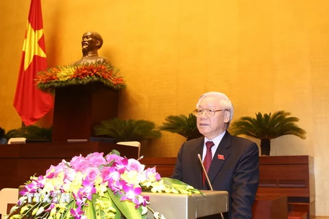 Tổng Bí thư Nguyễn Phú Trọng phát biểu tại lễ khai mạc kỳ họp thứ nhất của Quốc hội khóa XIV. (Ảnh: Trí Dũng/TTXVN)