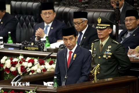 Tổng thống Joko Widodo (giữa) phát biểu tại lễ kỷ niệm Ngày Độc lập ở thủ đô Jakarta. (Nguồn: EPA/TTXVN) 