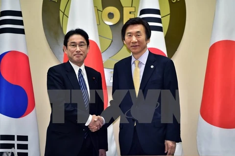 Ngoại trưởng Hàn Quốc Yun Byung Se (phải) và người đồng cấp Nhật Bản Fumio Kishida trong một cuộc gặp ngày 21/3. (Nguồn: AFP/TTXVN)