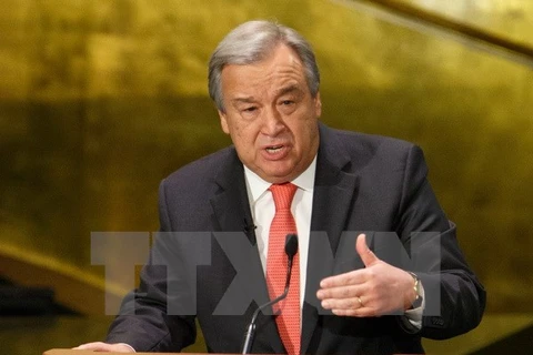 ng cử viên Tổng thư ký LHQ Antonio Guterres phát biểu tại trụ sở Liên hợp quốc ở New York (Mỹ). (Nguồn: THX/TTXVN)