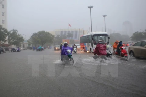 Ngập lụt trên đường Hà Nội (khu vực vòng xoay ngã 6, trung tâm thành phố Huế). (Ảnh: Hồ Cầu/TTXVN) 