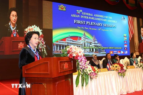 Chủ tịch Quốc hội Nguyễn Thị Kim Ngân phát biểu tại Đại hội đồng AIPA 37 ở Myanmar. (Nguồn: TTXVN) 