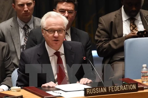 Đại sứ Nga tại Liên hợp quốc Vitaly Churkin phát biểu trong phiên họp Hội đồng bảo an Liên hợp quốc ở Mỹ ngày 2/5. (Nguồn: AFP/TTXVN)