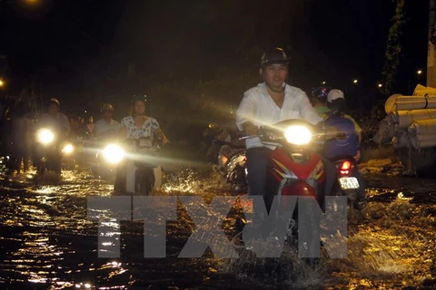 Triều cường làm ngập úng đường Phú Định, Quận 8 . (Ảnh: Hoàng Hải/TTXVN)