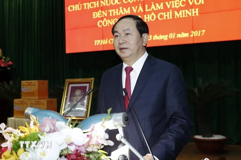 Chủ tịch nước Trần Đại Quang phát biểu tại buổi làm việc và chúc Tết cán bộ, chiến sỹ Công an Thành phố Hồ Chí Minh. (Ảnh: Nhan Sáng/TTXVN) 